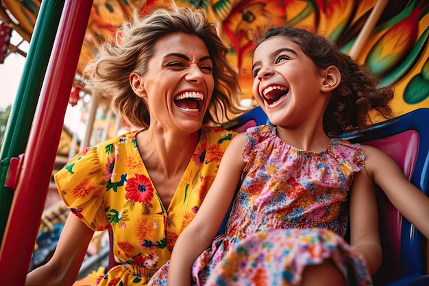 Een moeder en dochter lachen op een draaimolen Generative Ai
