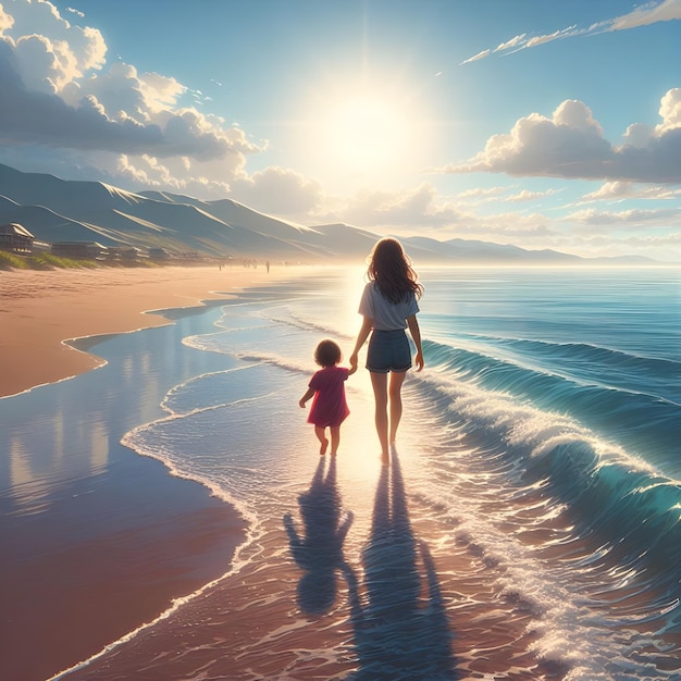 een moeder en dochter lopen op het strand met de zon die op het water schijnt