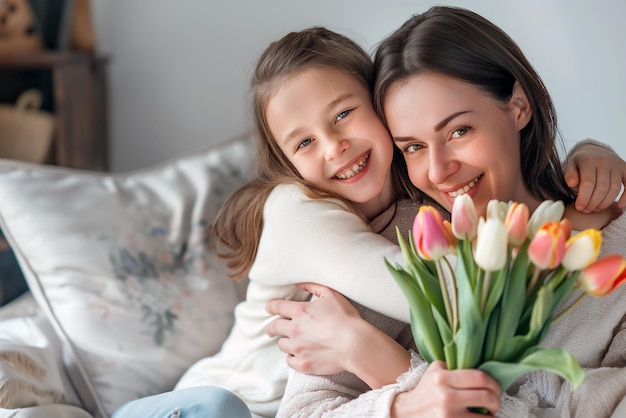 een moeder en dochter poseren met tulpen op een bank