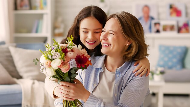 een moeder en dochter poseren voor een foto met bloemen en de woorden gelukkige moederdag