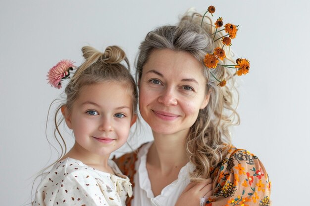 Foto een moeder en dochter poseren voor een foto met bloemen in het haar