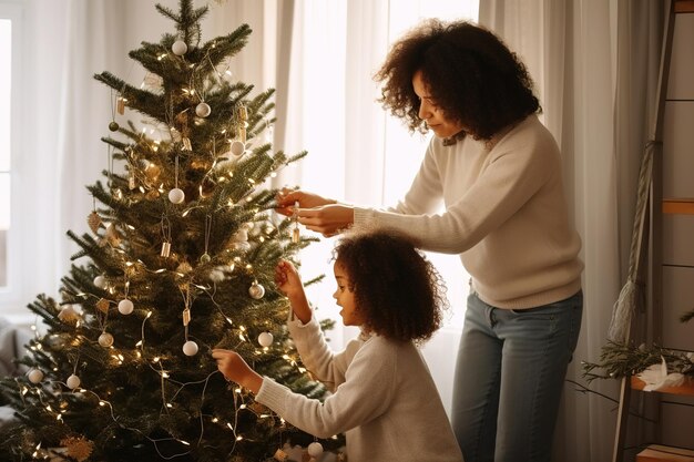 Een moeder en dochter versieren een kerstboom om Kerstmis en Nieuwjaar te vieren