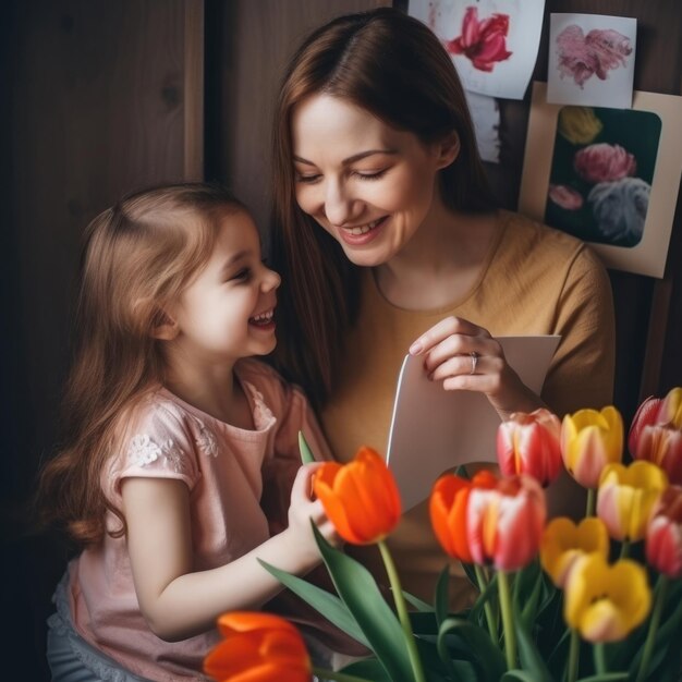 Een moeder en dochter zitten in een vaas met tulpenbloemen