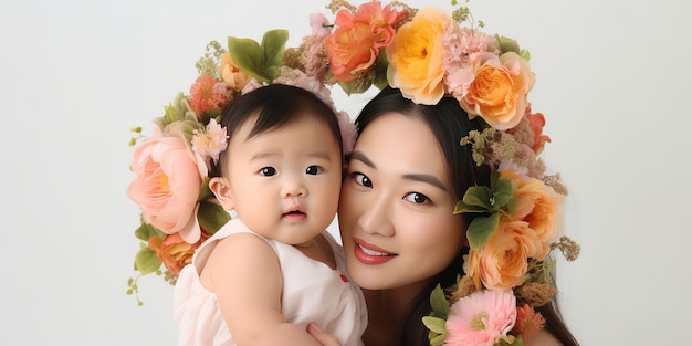 Een moeder en haar baby dragen bloemen