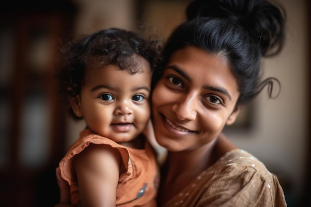 Een moeder en haar baby glimlachen en het woord liefde staat op haar gezicht.