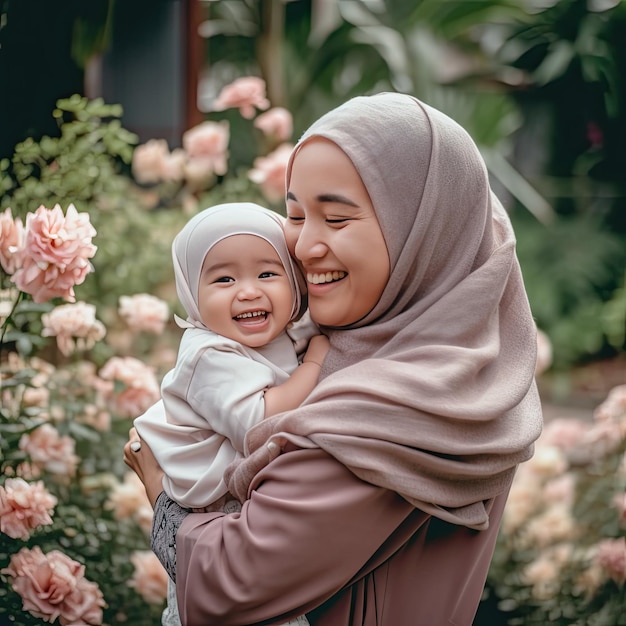 Een moeder en haar baby glimlachen en houden elkaar vast voor een tuin met roze bloemen