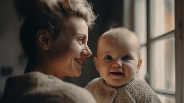 Een moeder en haar baby glimlachen en kijken naar de camera.