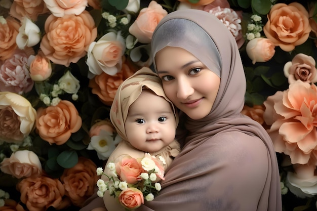 Een moeder en haar baby poseren voor een foto met bloemen.