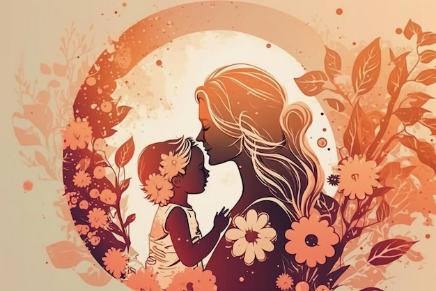 Een moeder en haar baby worden afgetekend tegen een bloemenachtergrond.