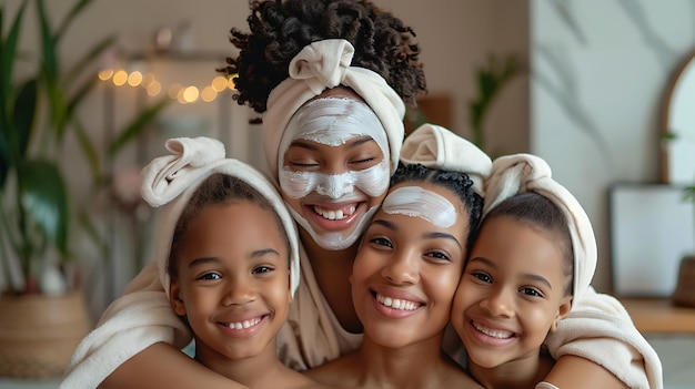 Foto een moeder en haar drie dochters dragen allemaal witte handdoeken op hun hoofd en hebben moddermaskers op hun gezichten