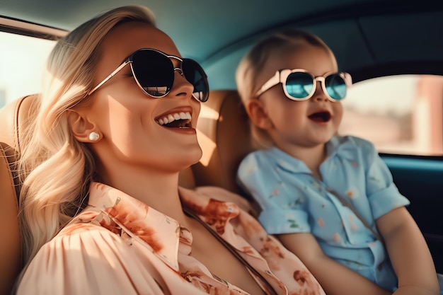 Een moeder en haar kind zitten in een auto en dragen een zonnebril
