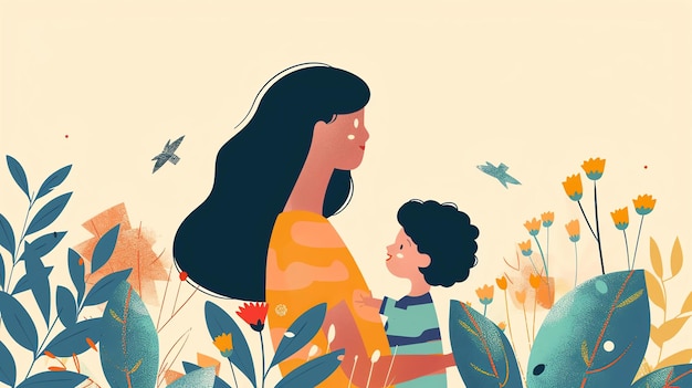 Foto een moeder en haar zoon staan in een veld van bloemen de moeder glimlacht en kijkt naar haar zoon