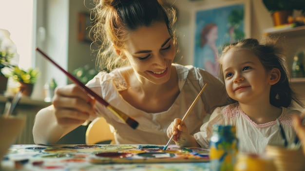 Foto een moeder en kind die samen schilderen.