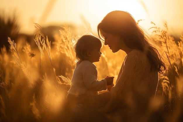 een moeder en kind in een tarweveld