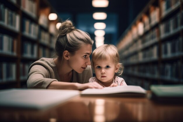 Foto een moeder en kind lezen in een bibliotheek