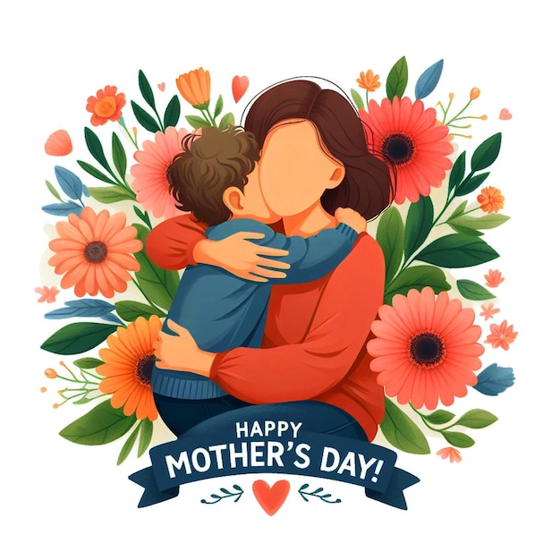 Een moeder en kind omhelst in een knuffel omringd door levendige bloemen Mother's Day illustratie