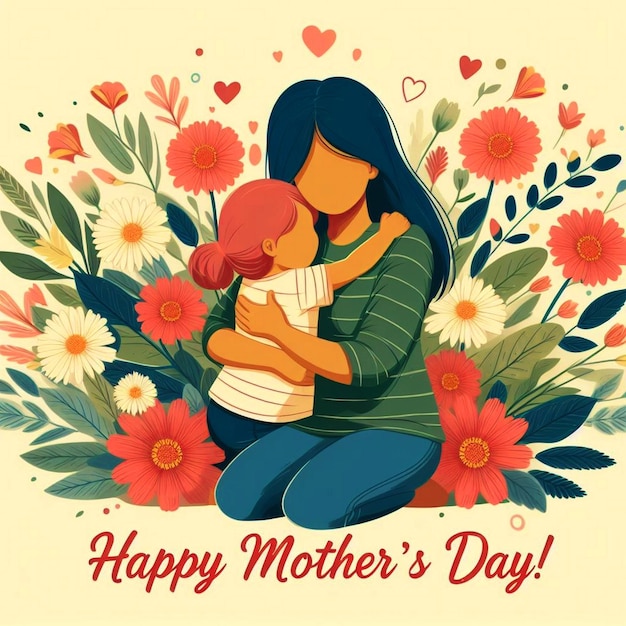 Een moeder en kind omhelst in een knuffel omringd door levendige bloemen Mother's Day illustratie