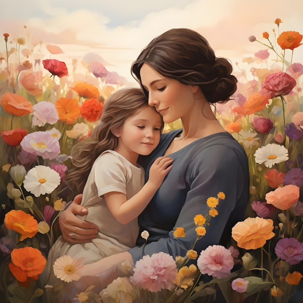 Foto een moeder en kind omhelzen omringd door een veld van bloeiende bloemen