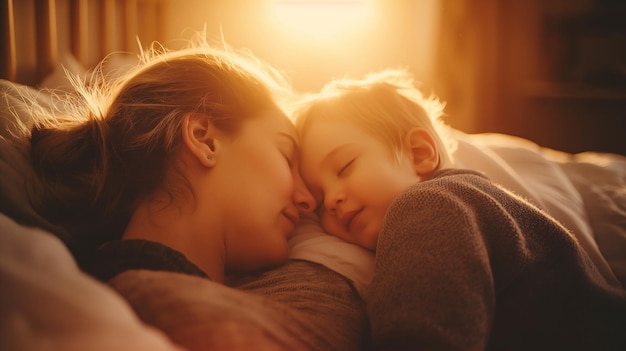 een moeder en kind slapen samen op een bed