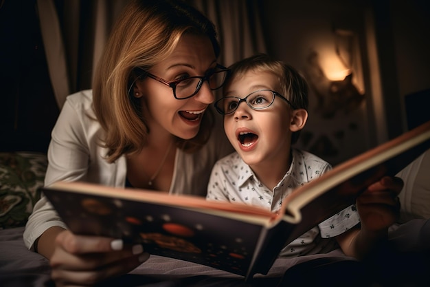 Een moeder en zoon die samen een boek lezen