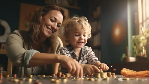 een moeder en zoon spelen een spelletje munten met hun zoon