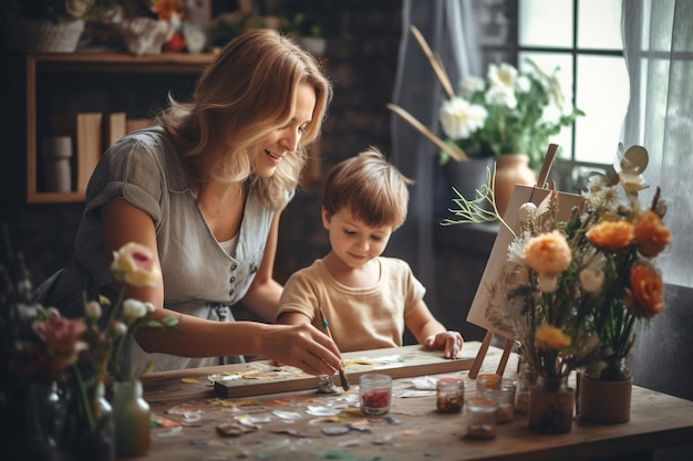 een moeder en zoon spelen met een schilderij op een tafel