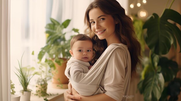 Een moeder houdt haar baby in een verpakkingsbak