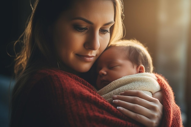 Een moeder houdt haar baby in haar armen.