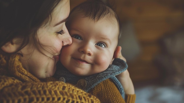 Foto een moeder houdt haar baby vast en glimlacht