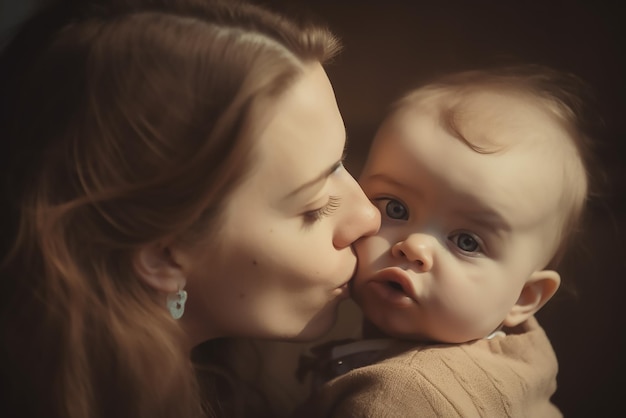 Een moeder kust haar baby op een donkere achtergrond