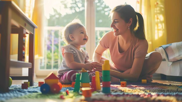 Een moeder speelt met haar baby op de vloer ze glimlachen allebei en zien er gelukkig uit de kamer is helder en zonnig