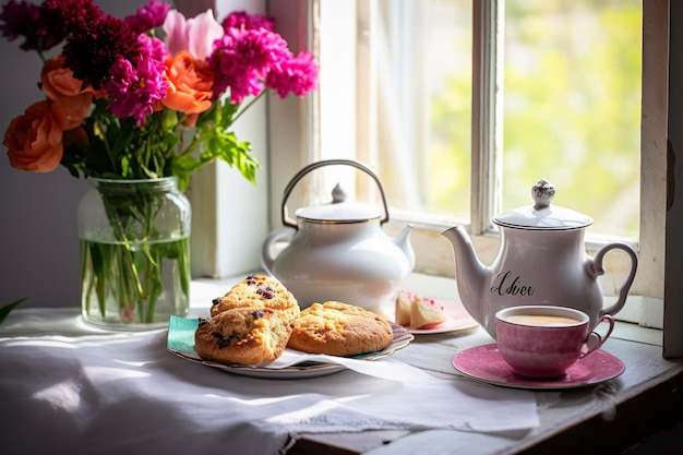 Een Moederdag arrangement met thee en scones voor een helder raam genereren ai