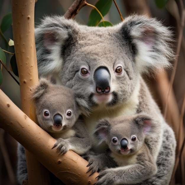 Een moederkoala en haar twee schattige babykoala's knuffelden in een boom