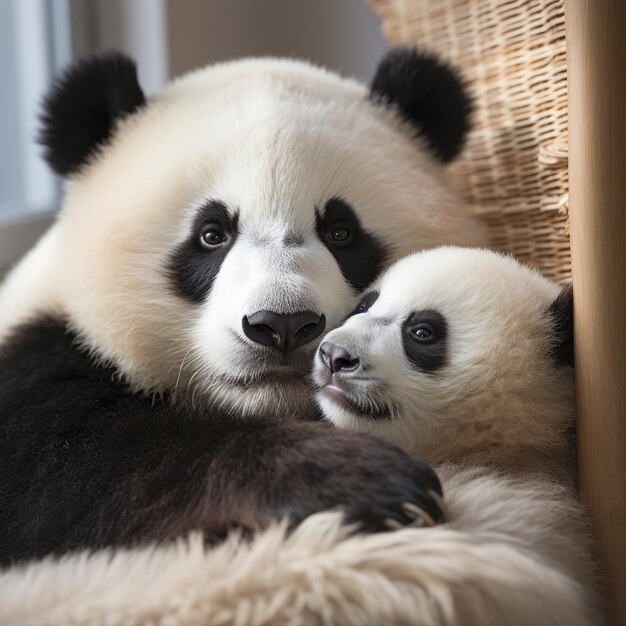 Foto een moederpanda en haar welp knuffelen samen om een dutje te doen