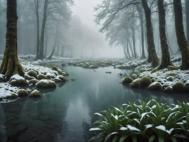 een moeras met sneeuwnevel serene sneeuw steen vegetatie fotografische afbeelding in 8k duidelijk