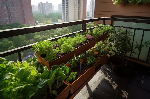 Een moestuin en kruidentuin op een balkon met aan de zijkanten opgroeiende planten Generatieve AI