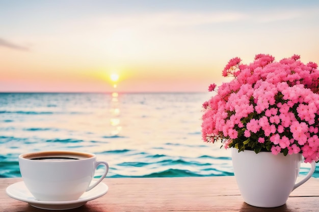 Een mok met koffie op een tafel met roze bloemen een tropisch eiland op de achtergrond van de zee