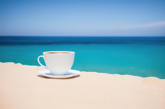 Een mok met koffie op een tafel op een tropisch eiland tegen de achtergrond van azuurblauw water