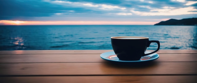 Een mok met koffie op een tafel op een tropisch eiland tegen de achtergrond van oceaangolven Generatieve AI