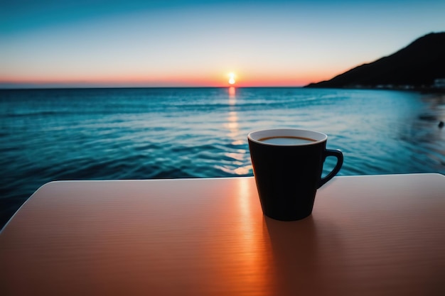 Een mok met koffie op een tafel op een tropisch eiland tegen de achtergrond van oceaangolven Generatieve AI