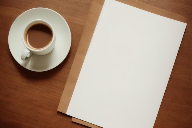 Een mok met koffie op tafel, een pen ligt op een servet voor notities mockup compositie Generative AI