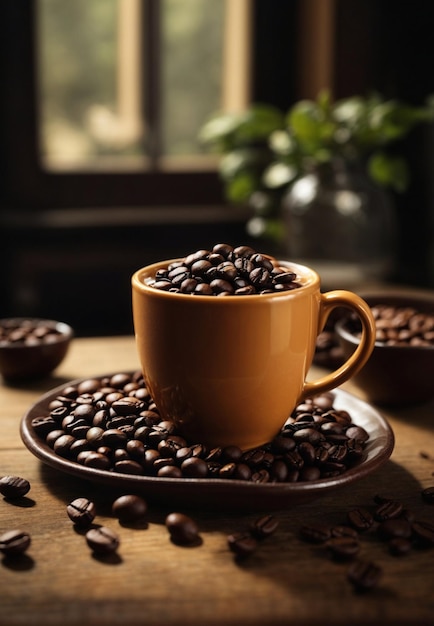 Een mok verkwikkende zwarte koffie en koffiebonen op donkergrijze achtergrond