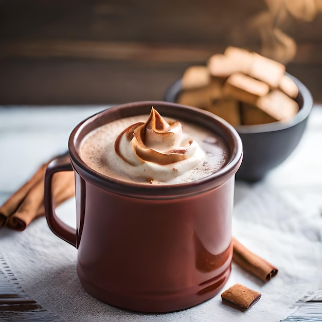 Een mok warme chocolademelk met kaneelstokjes erop.