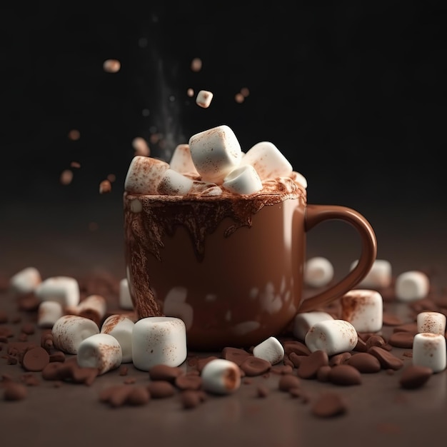 Een mok warme chocolademelk met marshmallows en chocoladeschilfers op tafel.