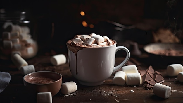 Een mok warme chocolademelk met marshmallows ernaast