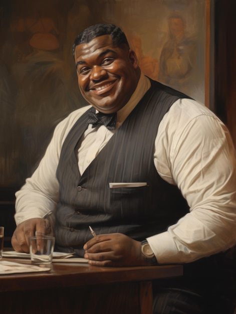 Een mollige en vrolijke zwarte zakenman