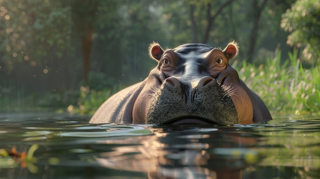 Een mollige nijlpaard die lui door een zachte rivier drijft zijn massieve vorm prachtig geanimeerd in D AI gegenereerde illustratie