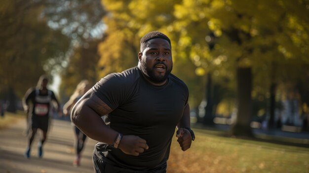 Een mollige zwarte man die traint en een gezonde jogger die in een stadspark loopt