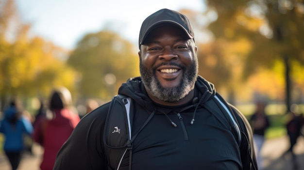 Een mollige zwarte man die traint en een gezonde jogger die in een stadspark loopt