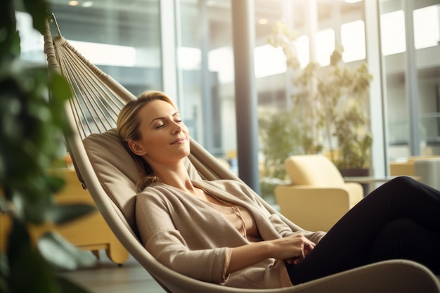 Foto een moment van ontspanning in een comfortabele loungeruimte in een kantoor